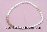 CFN437 9 - 10mm rice white freshwater pearl & rainbow moonstone necklace