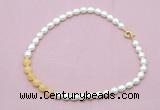 CFN442 9 - 10mm rice white freshwater pearl & honey jade necklace