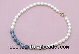 CFN450 9 - 10mm rice white freshwater pearl & blue spot stone necklace