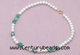 CFN524 9mm - 10mm potato white freshwater pearl & green banded agate necklace