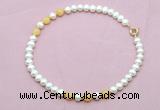 CFN740 9mm - 10mm potato white freshwater pearl & honey jade necklace