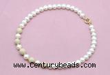 CFN753 9mm - 10mm potato white freshwater pearl & white fossil jasper necklace