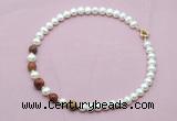 CFN757 9mm - 10mm potato white freshwater pearl & picasso jasper necklace