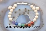 CGB6446 8mm round matte white fossil jasper 7 chakra beads adjustable bracelets