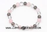 CGB8001 8mm white crystal, rose quartz & smoky quartz beaded stretchy bracelets