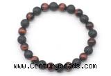 CGB8070 8mm grade AA red tiger eye & black lava beaded stretchy bracelets