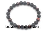 CGB8095 8mm black lava, matte black agate & red tiger eye beaded stretchy bracelets