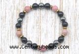 CGB8371 8mm pink wooden jasper, black onyx & hematite energy bracelet