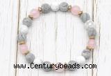 CGB8433 8mm matte grey picture jasper, white howlite, rose quartz & hematite power beads bracelet