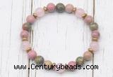 CGB8445 8mm pink wooden jasper, unakite, rose quartz & hematite power beads bracelet