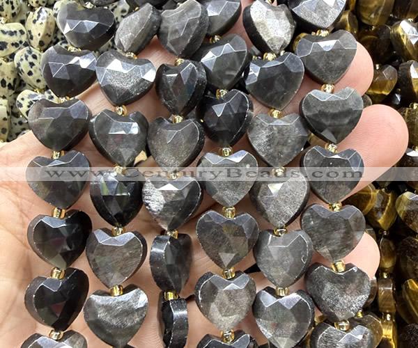 CHG376 15 inches 14mm faceted heart silver obsidian beads