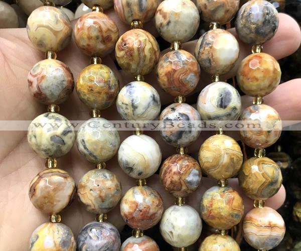 CLS430 15 inches 16mm faceted round yellow crazy lace agate beads