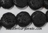 CLV498 15.5 inches 16mm flat round black lava beads wholesale