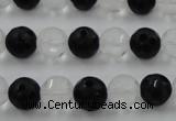 CNC87 15.5 inches 10mm carved round matte white crystal & black agate beads