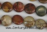 CPJ351 15.5 inches 14mm flat round picasso jasper gemstone beads