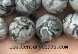 CPJ644 15.5 inches 12mm faceted round grey picture jasper beads