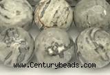 CPJ727 15 inches 10mm faceted round grey picture jasper beads