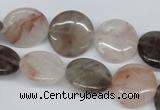 CPQ102 16mm flat round natural pink crystal & smoky quartz beads