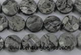 CPT140 15.5 inches 12mm faceted coin grey picture jasper beads