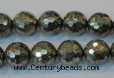 CPY110 15.5 inches 14mm faceted round pyrite gemstone beads wholesale