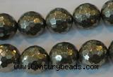 CPY111 15.5 inches 16mm faceted round pyrite gemstone beads wholesale