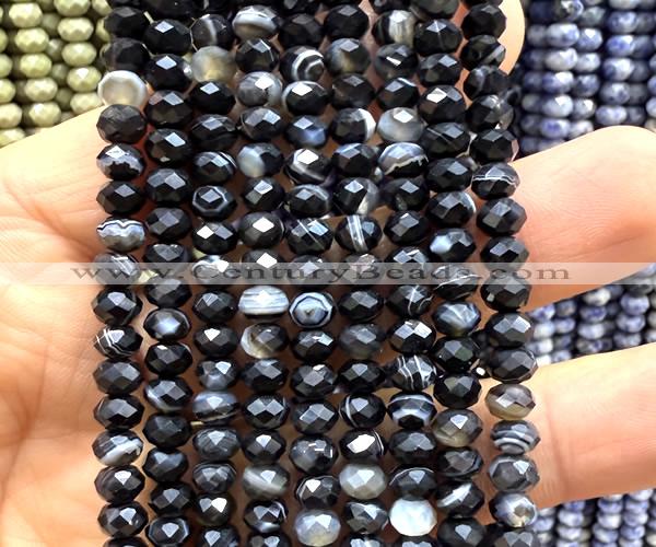 CRB6122 15 inches 4*6mm faceted rondelle black banded agate beads