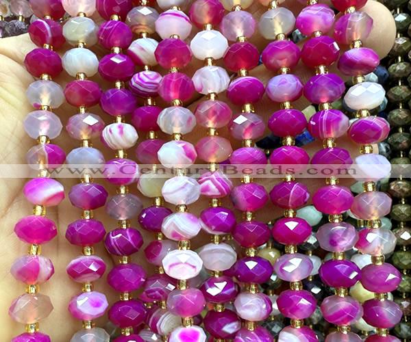 CRB6324 15 inches 6*10mm faceted rondelle fuchsia banded agate beads