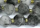 CRU1050 15 inches 9mm - 10mm faceted black rutilated quartz beads