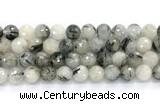 CRU1094 15.5 inches 12mm faceted round black rutilated quartz gemstone beads