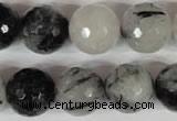 CRU317 15.5 inches 16mm faceted round black rutilated quartz beads