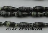 CTR10 15.5 inches 6*16mm faceted teardrop green silver line jasper beads