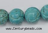 CTU884 15.5 inches 18mm carved round dyed turquoise beads
