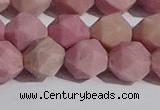 CWF33 12mm faceted nuggets matte pink wooden fossil jasper beads