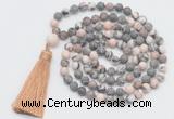 GMN1034 Hand-knotted 8mm, 10mm matte pink zebra jasper 108 beads mala necklace with tassel