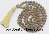 GMN1036 Hand-knotted 8mm, 10mm matte unakite 108 beads mala necklace with tassel