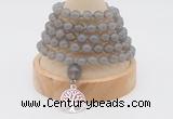 GMN1187 Hand-knotted 8mm, 10mm grey agate 108 beads mala necklaces with charm