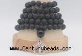 GMN1275 Hand-knotted 8mm, 10mm black lava 108 beads mala necklaces with charm