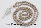 GMN1557 Knotted 8mm, 10mm feldspar 108 beads mala necklace with pendant