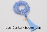 GMN1753 Knotted 8mm, 10mm blue banded agate 108 beads mala necklace with tassel & charm