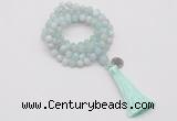 GMN1754 Knotted 8mm, 10mm sea blue banded agate 108 beads mala necklace with tassel & charm