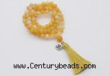 GMN1755 Knotted 8mm, 10mm yellow banded agate 108 beads mala necklace with tassel & charm