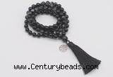 GMN1758 Knotted 8mm, 10mm black banded agate 108 beads mala necklace with tassel & charm