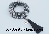 GMN1772 Knotted 8mm, 10mm black & white jasper 108 beads mala necklace with tassel & charm