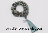 GMN1792 Knotted 8mm, 10mm African turquoise 108 beads mala necklace with tassel & charm
