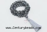 GMN1793 Knotted 8mm, 10mm snowflake obsidian 108 beads mala necklace with tassel & charm