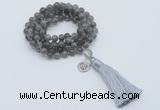 GMN1796 Knotted 8mm, 10mm labradorite 108 beads mala necklace with tassel & charm
