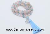 GMN1806 Knotted 8mm, 10mm morganite 108 beads mala necklace with tassel & charm