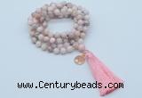 GMN1807 Knotted 8mm, 10mm natural pink opal 108 beads mala necklace with tassel & charm