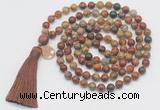 GMN1878 Knotted 8mm, 10mm picasso jasper 108 beads mala necklace with tassel & charm