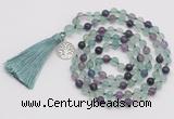 GMN1884 Knotted 8mm, 10mm fluorite 108 beads mala necklace with tassel & charm